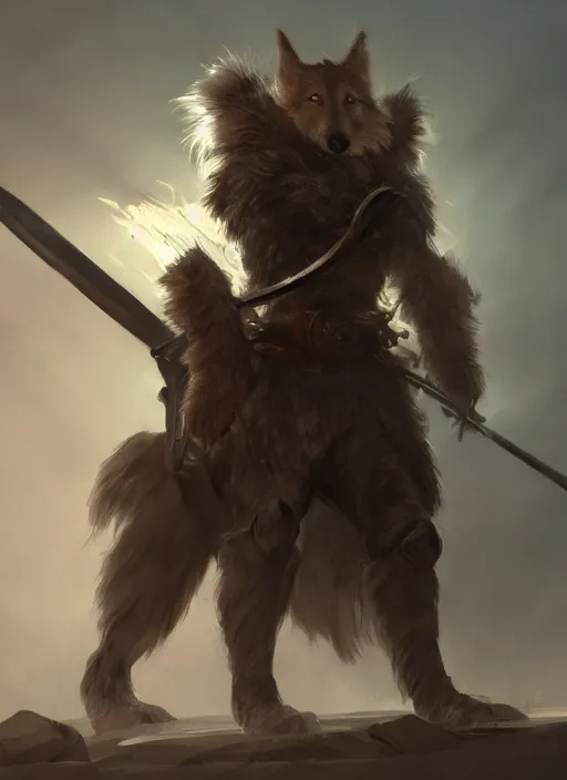 Image similar to A humanoid dog in heavy armor, brown and white fur, holding a green Scythe . In style of Hyung-tae Kim, Greg Rutkowski and Larry Elmore, concept art, trending on ArtStation, Korean MMORPG, over-detailed art, 8K, epic, dynamic lightning, scenery.