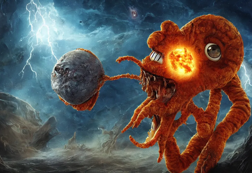 Image similar to eldritch horror bloody garfield in space, hd, 8 k, giant, epic, realistic photo, unreal engine, prophecy, powerful, cinematic lighting, destroyed planet, debris, violent, sinister, ray tracing, dynamic, epic composition, dark, horrific, teeth, grotesque, monochrome drawing, hellscape, corpses, foreboding, lightning, garfield cartoon eyes