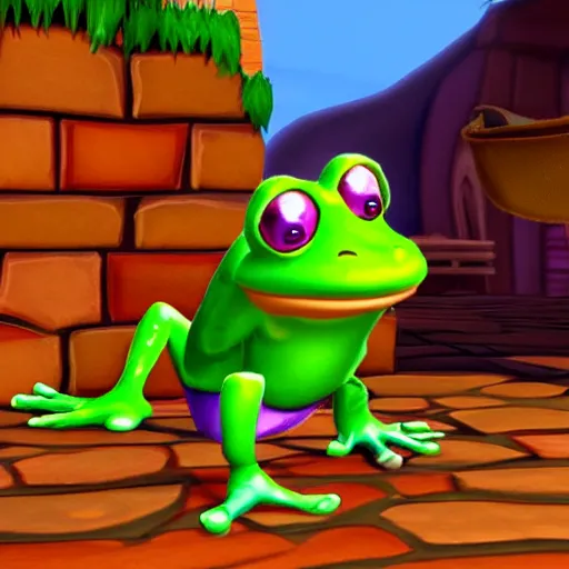 Image similar to screenshot of a cute inspector frog with a brown trenchcoat as an npc in spyro the dragon video game, with playstation 1 graphics, activision blizzard, upscaled to high resolution