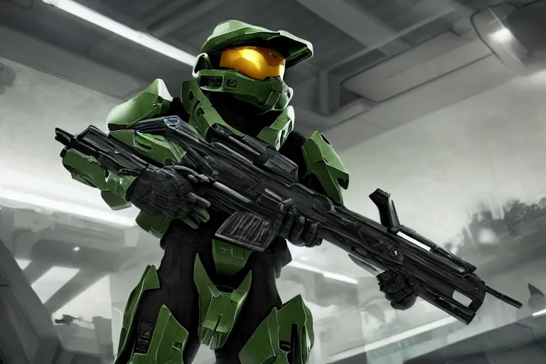Prompt: halo master chief robbing a walmart, cctv footage, high angle, photorealistic, 8 k