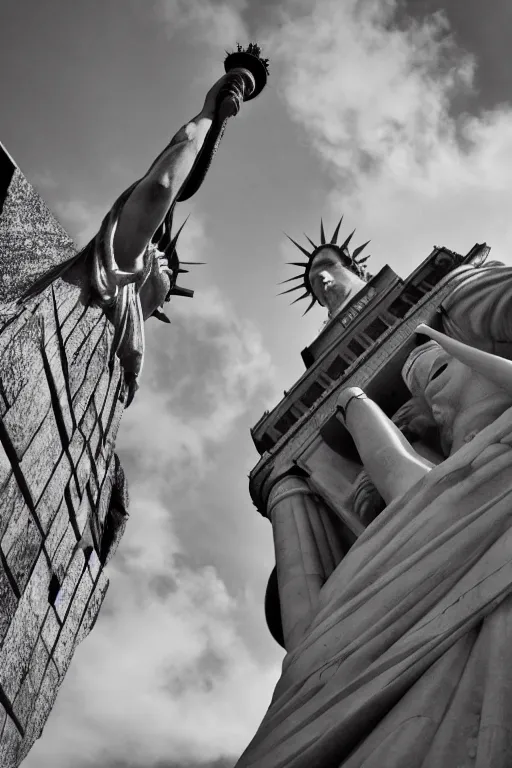 Image similar to ultra wide angle shot of an impossibly tall guillotine, next to the statue of liberty, surrealism, in the style of terry gilliam