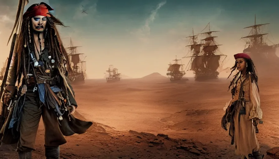 Image similar to shot of pirates of the caribbean on the surface of Mars 4k quality landscape cinematic wide scene still image concept realistic MOVIE