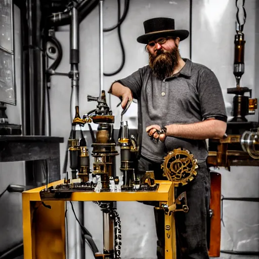 Image similar to A random pointless contraption ((steampunk)) industrial appliance pneumatic machine with no apparent purpose, being operated by a scholarly looking man with a clear directed gaze, XF IQ4, f/1.4, ISO 200, 1/160s, 8K, RAW, unedited, symmetrical balance, in-frame