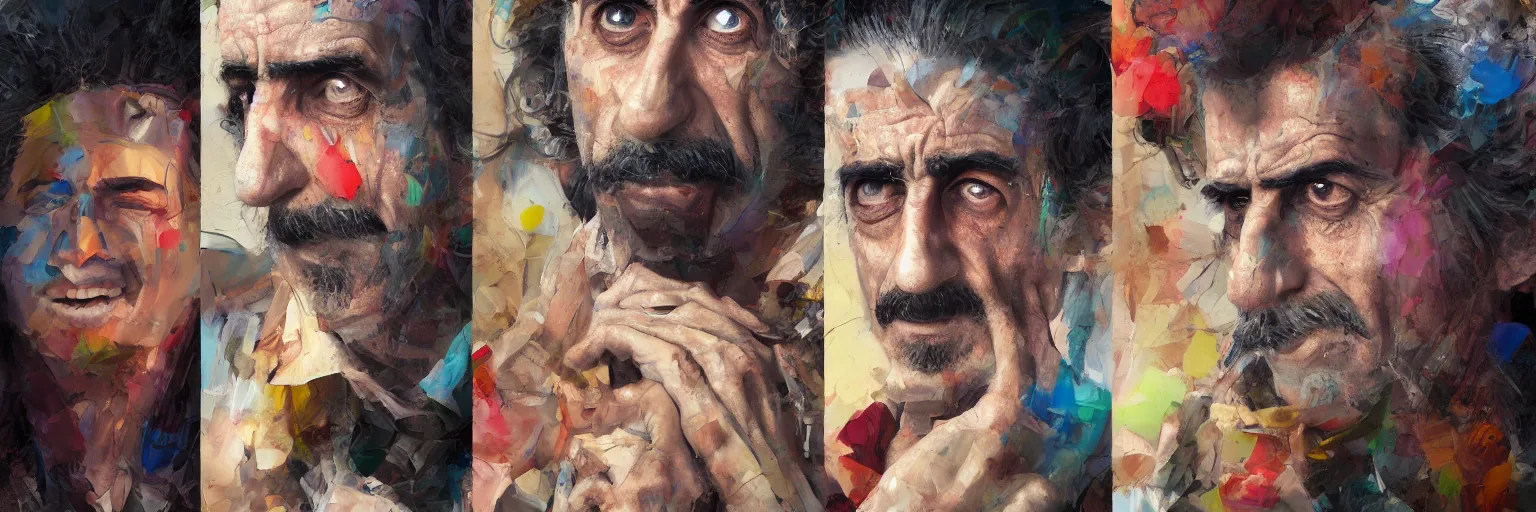 Prompt: colorful oil painting of character faces, realistic frank zappa turning into pizza, character sheet, fine details, concept design, contrast, kim jung gi, greg rutkowski and da vinci, 8 k, emotional, face turnaround 3 6 0, front view, back view, side view, ultra wide angle