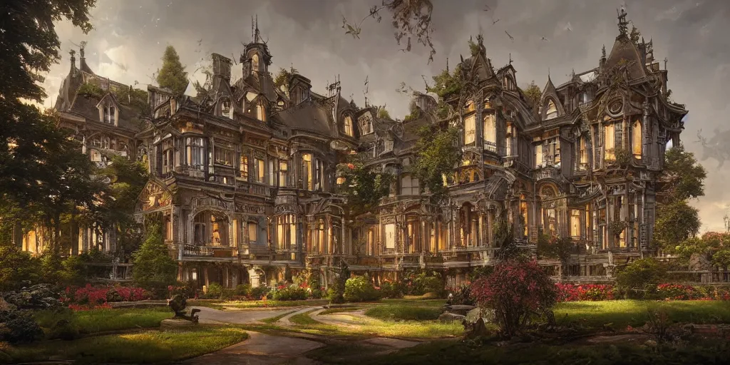 Prompt: a late Victorian mansion surrounded by beautiful gardens, view from ground level, intricate, elegant, highly detailed, ornate, beautifully lit, ray traced, octane render by Peter Mohrbacher and Peter Gric