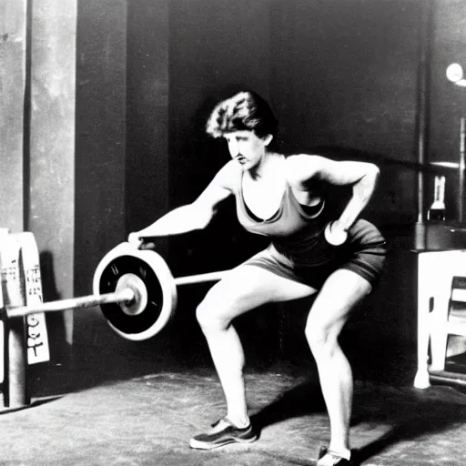Image similar to Virginia Woolf deadlifting a heavy barbell