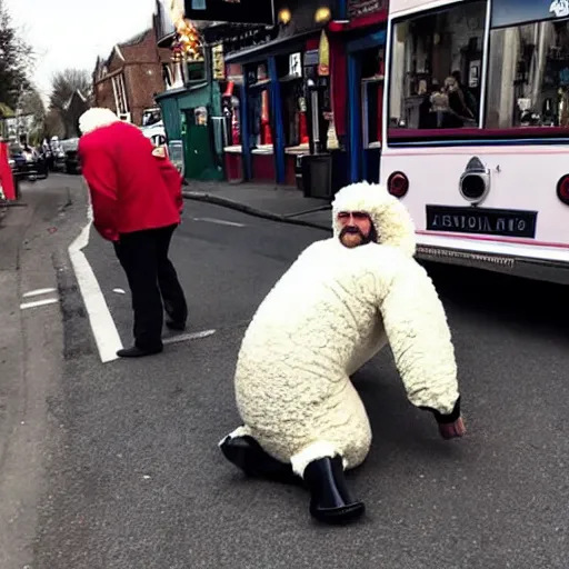 Prompt: photo of a man in a sheep costume is on fire and jesus is helping him outside a british pub