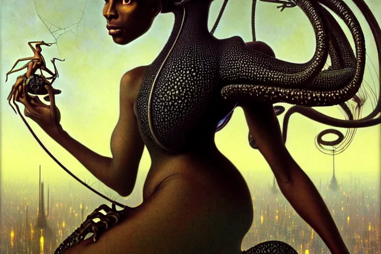 Image similar to realistic detailed photorealistic portrait movie shot of a beautiful black woman riding a giant spider, dystopian city landscape background by denis villeneuve, amano, yves tanguy, alphonse mucha, ernst haeckel, jean delville, david lynch, edward robert hughes, roger dean, cyber necklace, rich moody colours, cyber patterns, wide angle