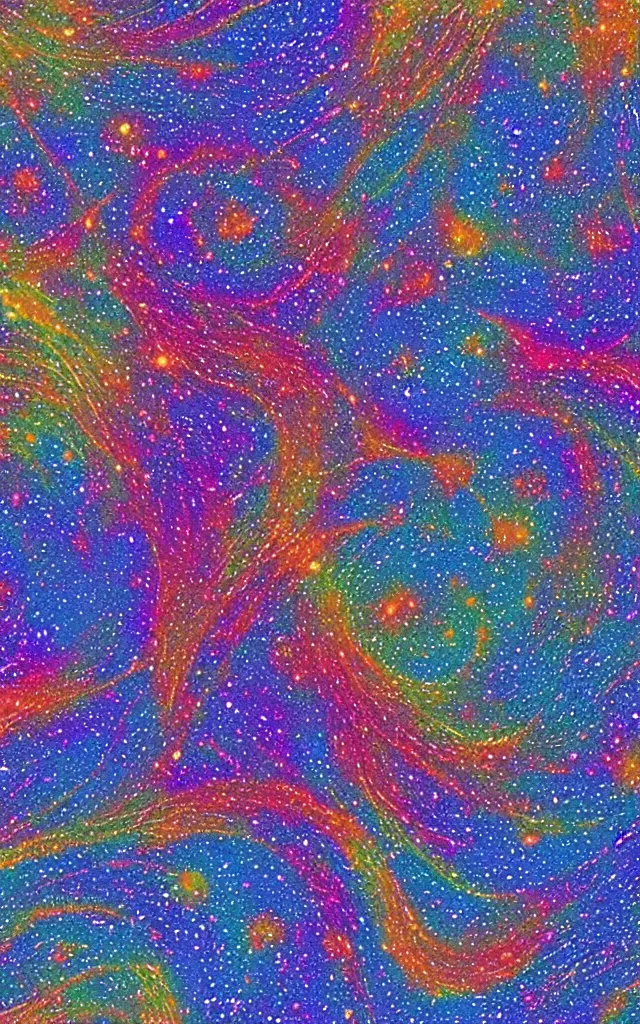 Image similar to wave, particle, synth, frequencies, pattern, osciliation. wave-particle duality. cosmic nebula. textile. retro modern art. jean giraud