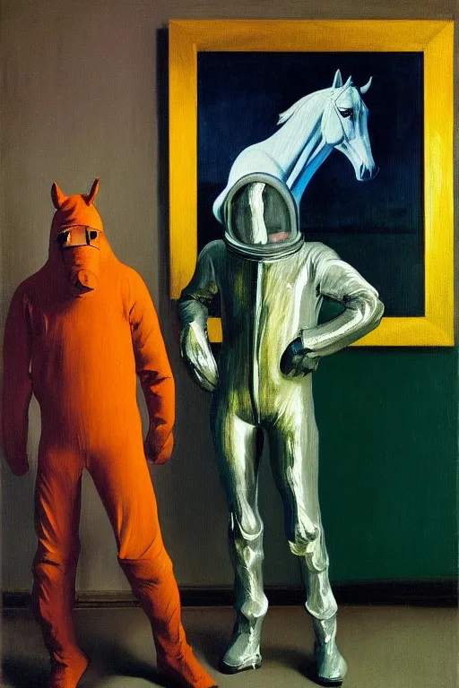 Image similar to man in horse costume, horse in costume astronaut, hauntingly surreal, highly detailed painting by francis bacon, edward hopper, adrian ghenie, gerhard richter, and james jean soft light 4 k,