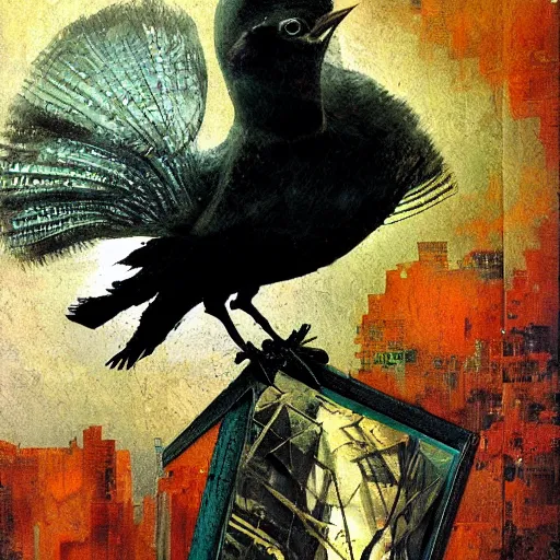 Image similar to the progressive rasterization of a bird from mechanical being to pixels, oil on canvas by dave mckean and ivan shishkin