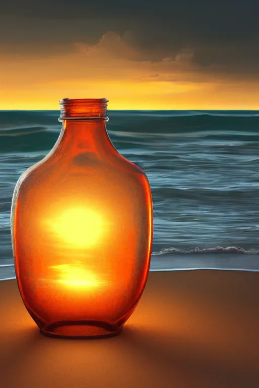 Prompt: photograph of a glass jar a pirate ship on stormy waves inside. buried in sand on a beach. quiet sunset in the background. soft golden red lighting. hyperrealistic, cgsociety, 8 k, beautiful digital painting