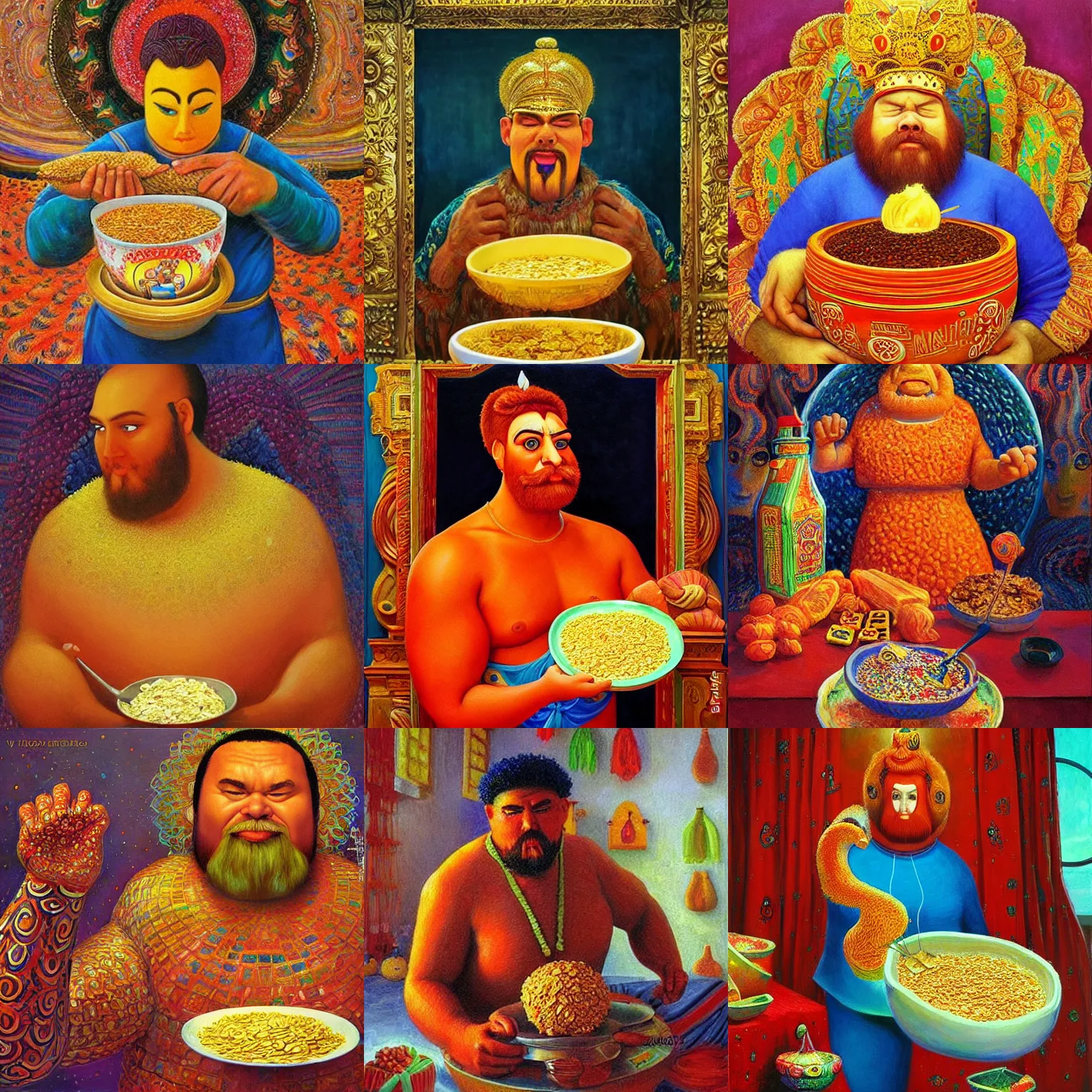 Prompt: Big Man, Big Oatmeal, the god of oatmeal, painting by Victor Nizovtsev