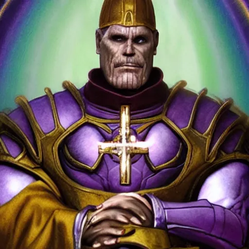 Image similar to pope thanos, purple skin, josh brolin, clerical clothes, full body shot, realistic, highly detailed