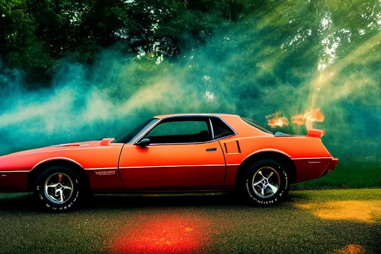 Image similar to pontiac firebird with glowing paint, sunrise, eerie light, fireflies, pokemon, pokemon, dramatic, cinematic, forest, sunbeams, volumetric lighting, wide shot, low angle, lightning hitting the car