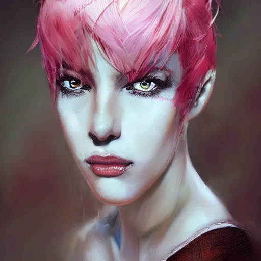 Image similar to portrait of a young woman with short pink spiky hair and dark eyes, intricate, elegant, highly detailed, digital painting, artstation, concept art, sharp focus, illustration, art by aleksi briclot, rutkowski