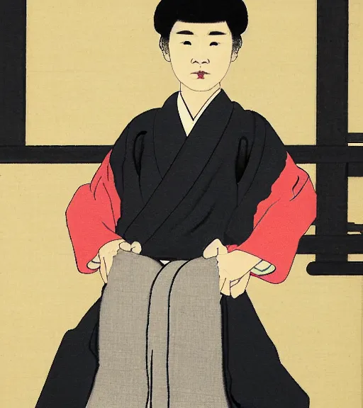 Image similar to Portrait of a Japanese Boy in an Edo Dojo, painting by Hung Liu and Yasutomo Oka