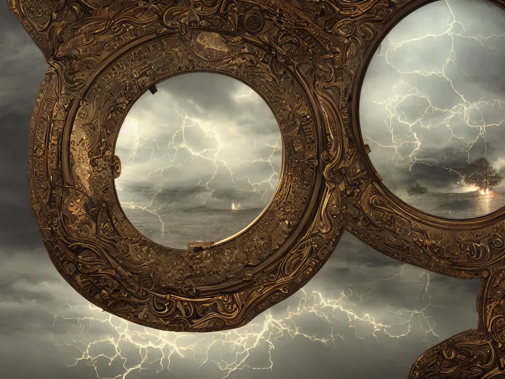 Prompt: richly decorated Victorian modular synthesizer, modern, beautiful, detailed wood, photorealistic, photorealism, lightning, clouds, the winter light comes in through a porthole, volumetric fog