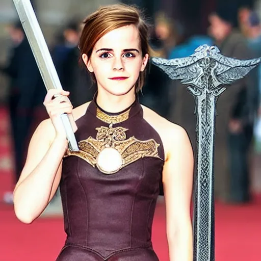 Image similar to Emma Watson holding a real life armadyl godsword from Runescape