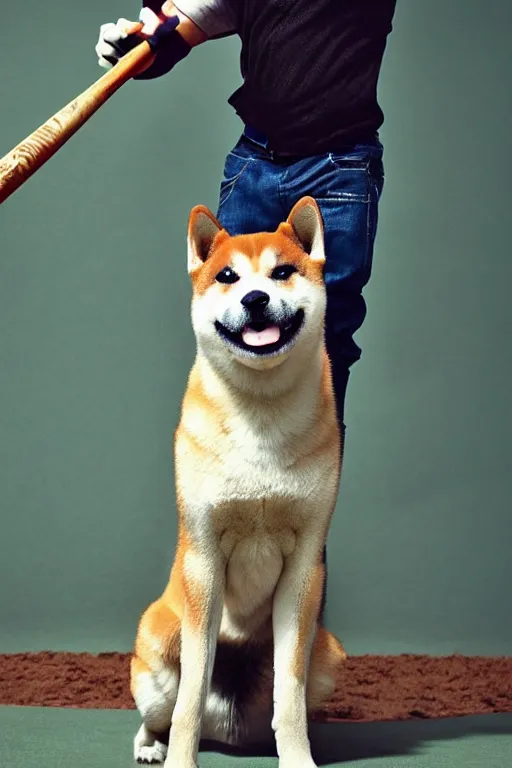 Image similar to 📷 shiba _ inu wielding baseball _ bat, canine photography, dramatic shot, very detailed, 4 k ✨