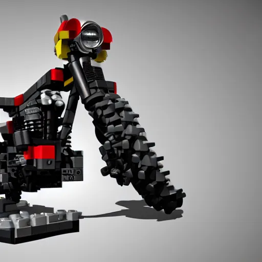 Image similar to motorcycle made entirely out of legos, global illumination, photorealistic