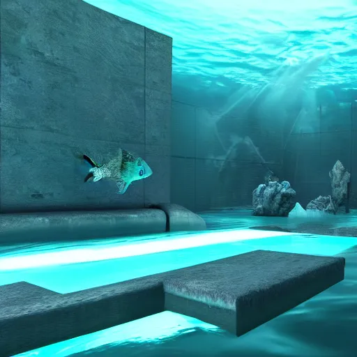 Image similar to 3d render underwater with brilliant lights. Caustics. 8k resolution. Unreal engine. Trending on artstation. Physics simulation.
