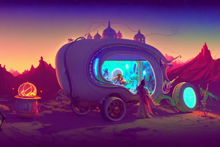 Image similar to a luminescent gypsy caravan by paolo eleuteri serpieri and tomer hanuka and chesley bonestell and daniel merriam and tomokazu matsuyama, unreal engine, high resolution render, featured on artstation, octane, 8 k, highly intricate details, vivid colors, vector illustration