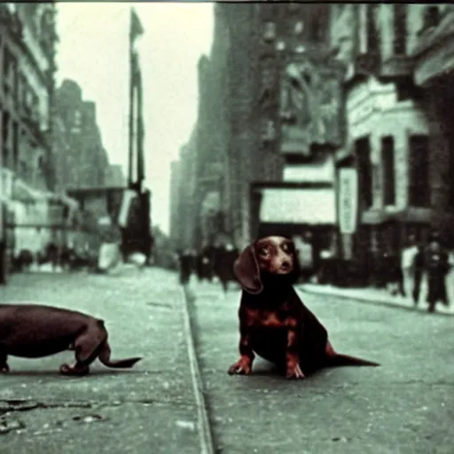 Prompt: a cinematic scene of a steampunk dachsund dog doing a investigation on a crime scene in 1901 new york streets