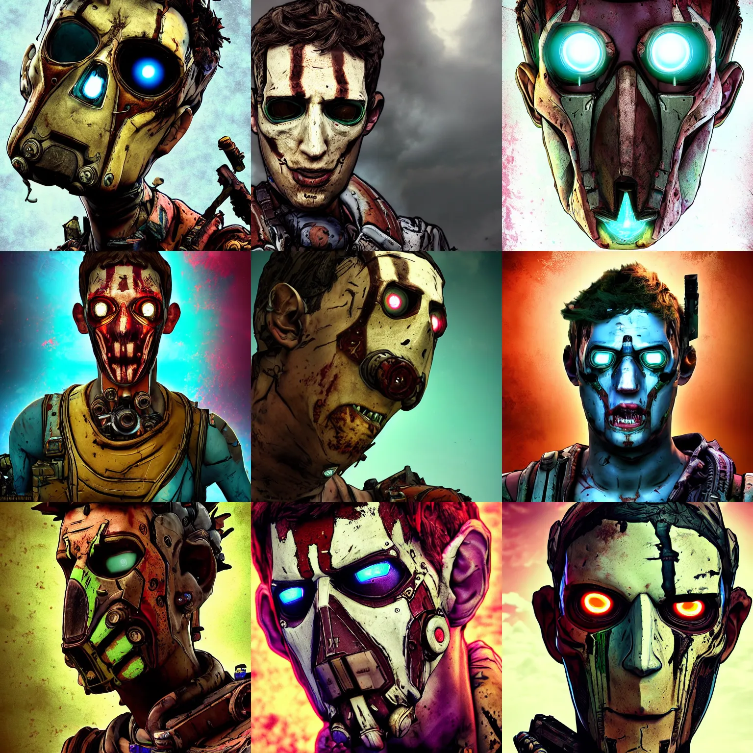 Prompt: borderlands 3 !!! zuckerberg! color photograph ! scary head portrait of half cyborg zuckerberg! cyborg as Borderlands 3 concept art photo , postapocalyptic grunge, highly detailed, sharp focus,alien, HQ, 4K