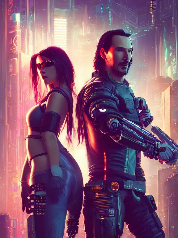 Image similar to a cyberpunk 2077 couple portrait of Keanu Reeves&female android in kiss,love,film lighting,by Laurie Greasley,Lawrence Alma-Tadema,Dan Mumford,artstation,deviantart,FAN ART,full of color,Digital painting,face enhance,highly detailed,8K,octane,golden ratio,cinematic lighting