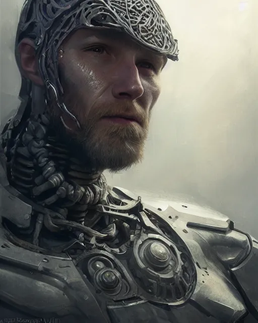 Image similar to portrait of a viking cyborg at clapham south tube station, real life skin, intricate, highly detailed, artstation, concept art, smooth, sharp focus, art by artgerm and greg rutkowski