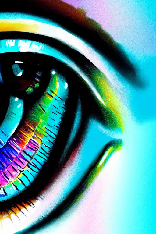 Prompt: hyper detailed concept art of human eye crying multicolored iridescent paint Stanley Artgermm dramatic lighting wide angle 35mm shallow depth of field 8k