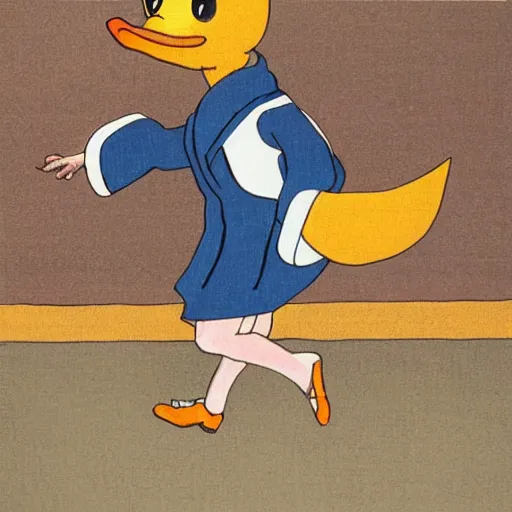 Image similar to Japanese anime style painting depicting an anthropomorphic duck dressed in a school uniform running to school while eating a piece of toast.