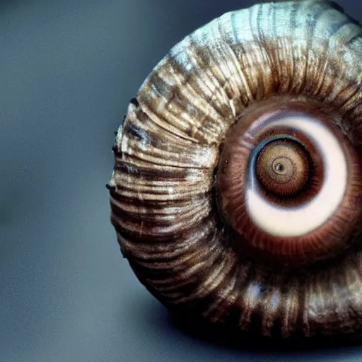 Image similar to a snail with an eyeball for a shell, shell with the texture of an eyeball, eyeball shaped like a shell