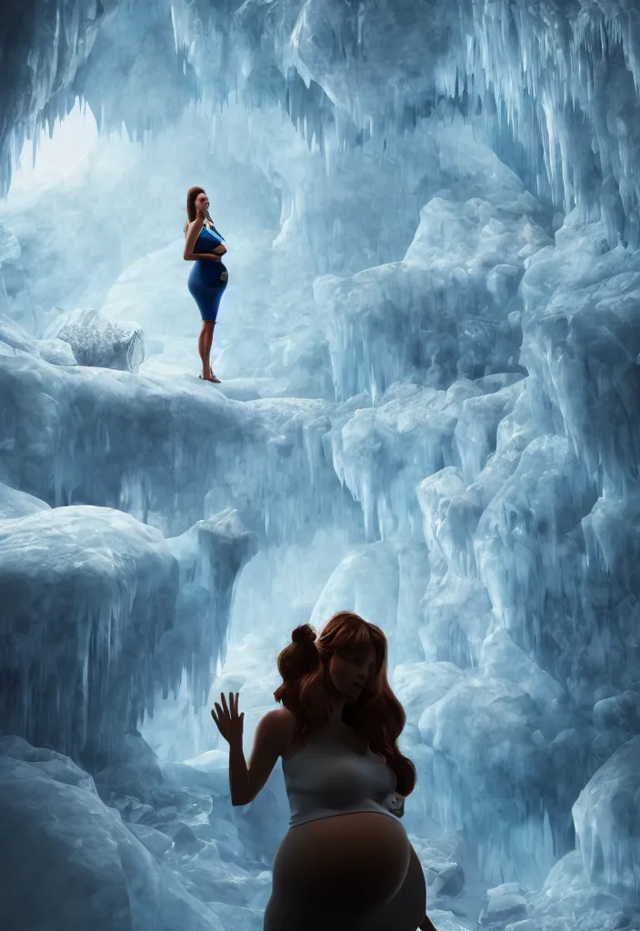 Image similar to epic pregnant woman making a speech to all her white tribe, proud people looking at the pregnant woman, ice cave, facinating, fantasy digital art, octane render, beautiful composition, trending on artstation, award - winning photograph, masterpiece