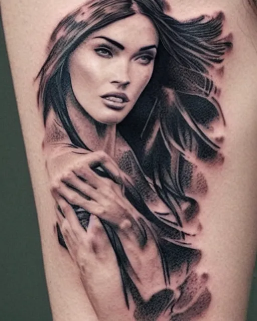 Image similar to creative double exposure effect tattoo design sketch of megan fox faded in beautiful mountain scenery, realism tattoo, in the style of matteo pasqualin, amazing detail, sharp