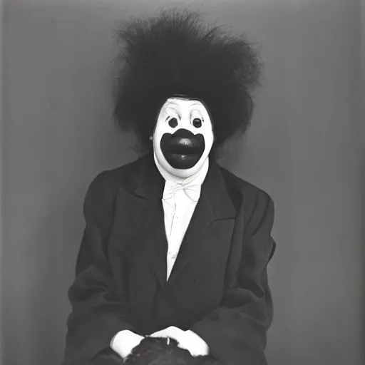 Prompt: portrait of clown by diane arbus, black and white photography