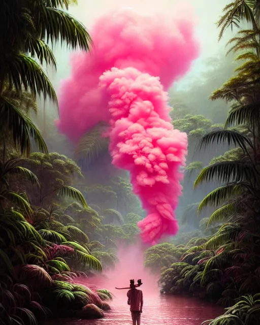 Image similar to a hyper - detailed 3 d render like an oil painting of tribe member portrait in a tropical forest with pink smoke!!!!! surreal concept art, lifelike, photorealistic, digital painting, aesthetic, smooth, sharp focus, artstation hd, by greg rutkowski, bruce pennington, valentina remenar, rhads, asher duran,