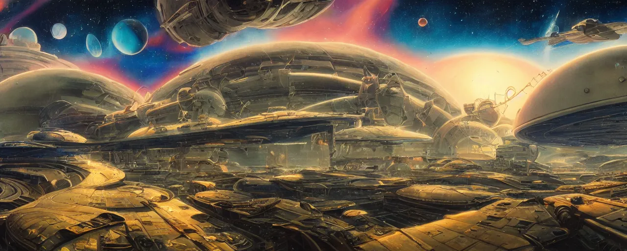 Image similar to stylish space station in retro scifi landscape, beautiful colours, sharp textures, nikolay georgiev, alex ross, bruce pennington, donato giancola, larry elmore, masterpiece, oils on canvas, trending on artstation, featured on pixiv, cinematic composition, sharp, details, hyper - detailed, hd, hdr, 4 k, 8 k