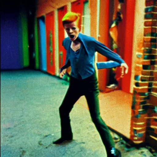 Prompt: 3 5 mm color photograph of david bowie tripping on lsd