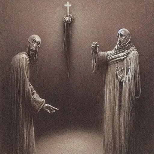 Image similar to spirits whose names they called in terror or welcome, until an angry priest cast a spell on them, art by beksinski and jean delville