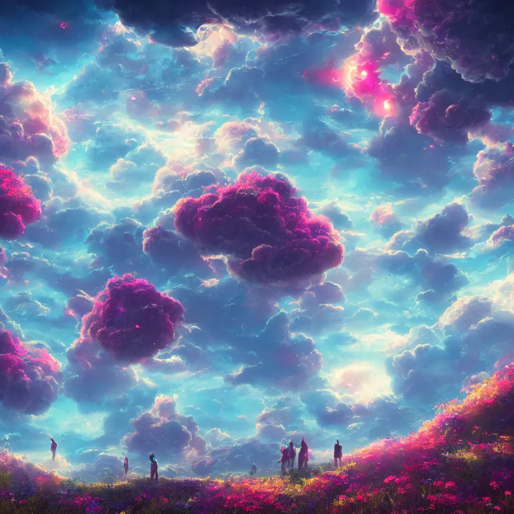 Prompt: digital illustration, a world full of life divine thrill of biological tranquil sky, atoms floating, flowers, spaceship, in the style of greg rutkowski and lisa frank, high detailed 8 k