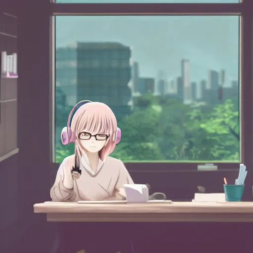 Image similar to high definition anime portrait of an anime girl with pastel colored hair sitting at a desk studying with headphones on, background is a window looking out into a busy Tokyo district, lo-fi art, by Studio Ghibli, trending on artstation, sharp high quality anime, digital art, photoshop, proportionate, ambient lighting