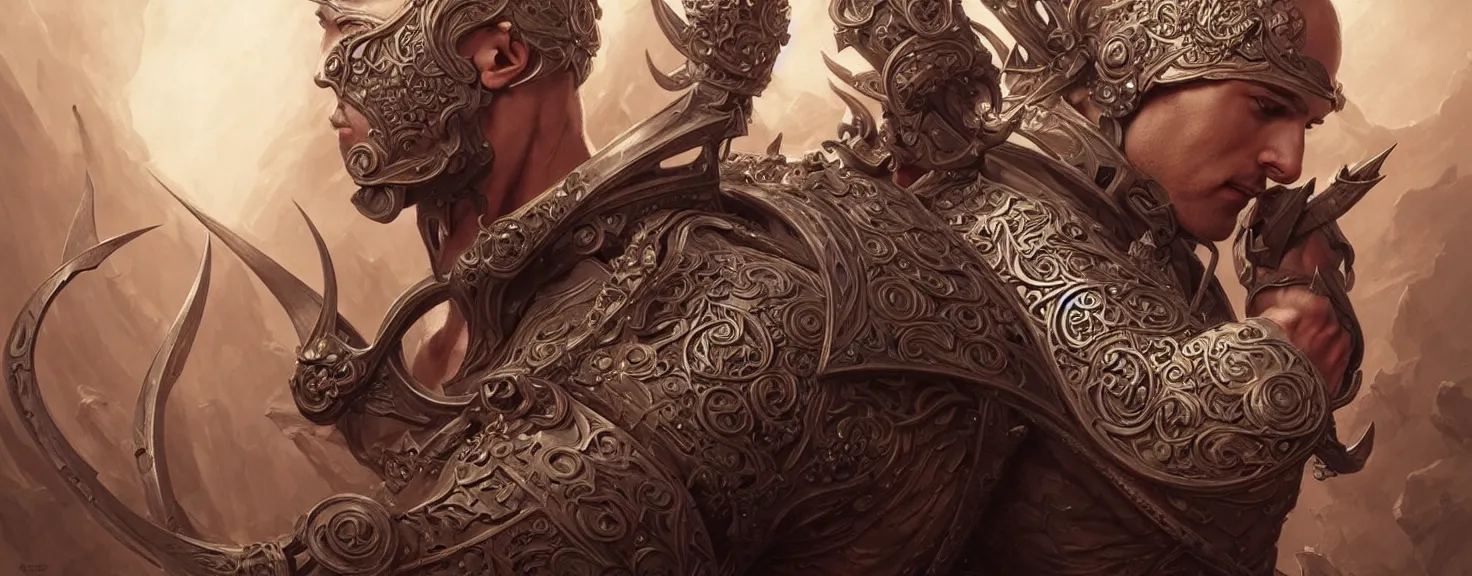 Image similar to Muscular and powerful medieval knight portrait, art nouveau, fantasy, intricate flower designs, elegant, highly detailed, sharp focus, art by Artgerm and Greg Rutkowski