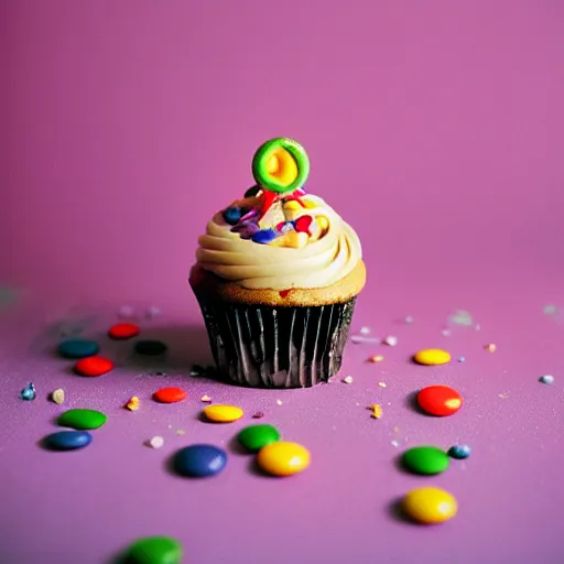 Prompt: a vibrant still life photograph of a luscious, decadent cupcake with sprinkles, pink icing and m & ms, kodak portra, f 1. 8