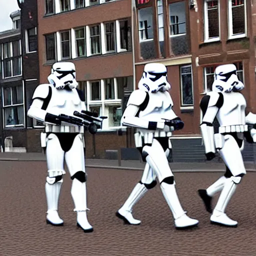 Image similar to a low - detailed picture of stormtroopers walking in amsterdam, digital art