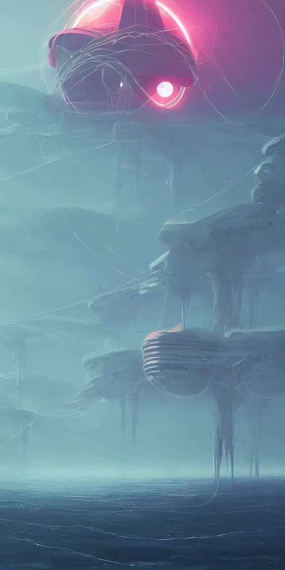 Image similar to one giant starship with long tendrils, lots of hanging cables and wires, over a smoky ocean, crystals, sci - fi concept art, by john harris, by simon stalenhag, stunning, award winning