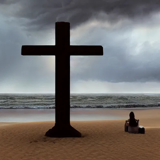 Image similar to a highly detailed matte painting of a large cross standing on the beach as a storm comes in with the tide, woman sitting in the sand watching the ocean, epic fantasy, god rays, rocky beach, ultrawide lense, aerial photography, unreal engine, exquisite detail, 8 k, art by albert bierstadt and greg rutkowski and jeong seon