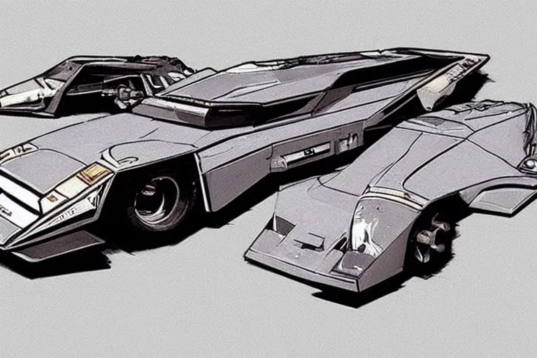 Prompt: Concept art of a 1980s wedge car. Dieselpunk.