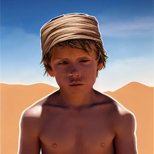 Prompt: a detailed portrait of a tan boy in the desert, art illustration, incredibly highly detailed and realistic, 8 k, sharp focus